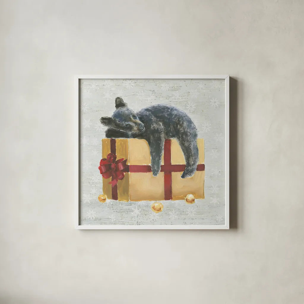 Christmas Critters III by Emily Adams. Shown in a crisp white glass frame for a clean and minimalist style. Available as an archival giclee rolled canvas, fine art paper, or poster print. SKU 29327a.