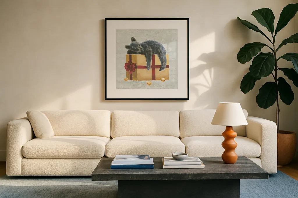 Christmas Critters III by Emily Adams. Displayed in a glass frame with matte in a clean modern living room. Available as an archival giclee rolled canvas, fine art paper, or poster print. SKU 29327a.