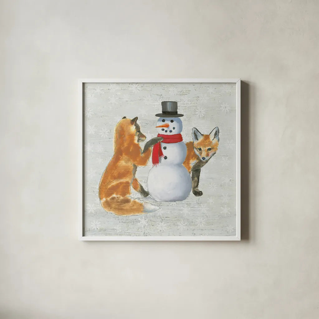 Christmas Critters V by Emily Adams. Shown in a crisp white glass frame for a clean and minimalist style. Available as an archival giclee rolled canvas, fine art paper, or poster print. SKU 29329a.