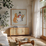 Christmas Critters V by Emily Adams. Shown in a natural wood frame in a cozy modern living room. Available as an archival giclee rolled canvas, fine art paper, or poster print. SKU 29329a.