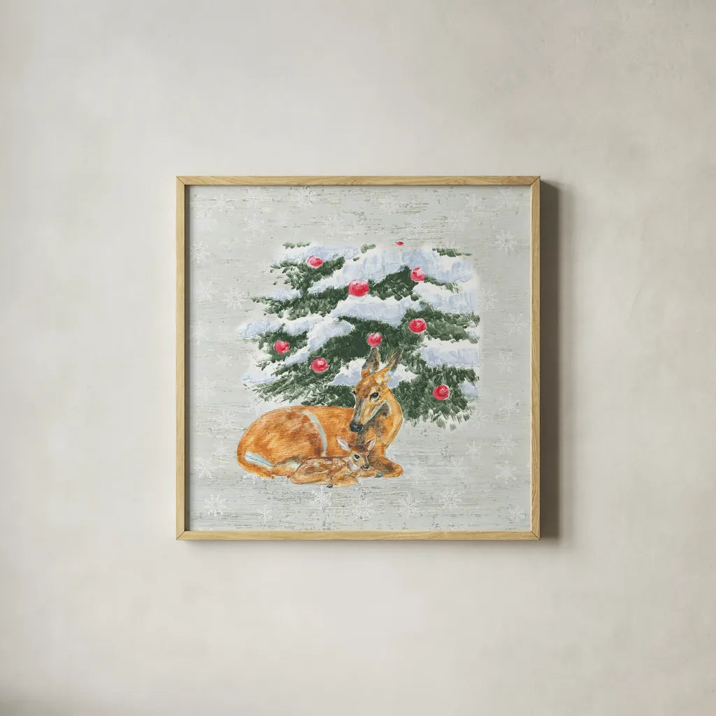 Christmas Critters VII by Emily Adams. Shown in a natural wood glass frame for a timeless modern aesthetic. Available as an archival giclee rolled canvas, fine art paper, or poster print. SKU 29331a.