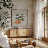 Christmas Critters VII by Emily Adams. Shown in a natural wood frame in a cozy modern living room. Available as an archival giclee rolled canvas, fine art paper, or poster print. SKU 29331a.