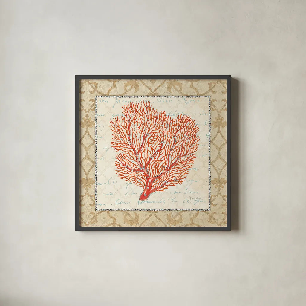 Coral Beauty Light III by Emily Adams. Shown in a sleek black glass frame for a contemporary gallery look. Available as an archival giclee rolled canvas, fine art paper, or poster print. SKU 13490a.