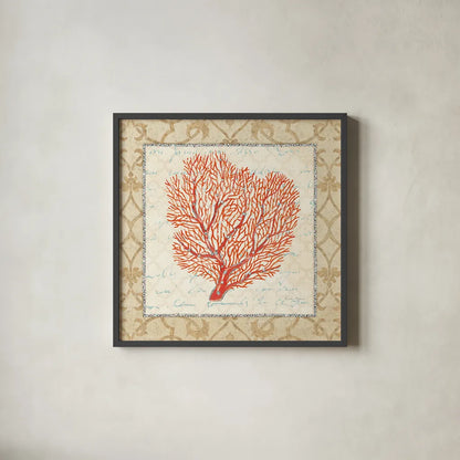 Coral Beauty Light III by Emily Adams. Shown in a sleek black glass frame for a contemporary gallery look. Available as an archival giclee rolled canvas, fine art paper, or poster print. SKU 13490a.