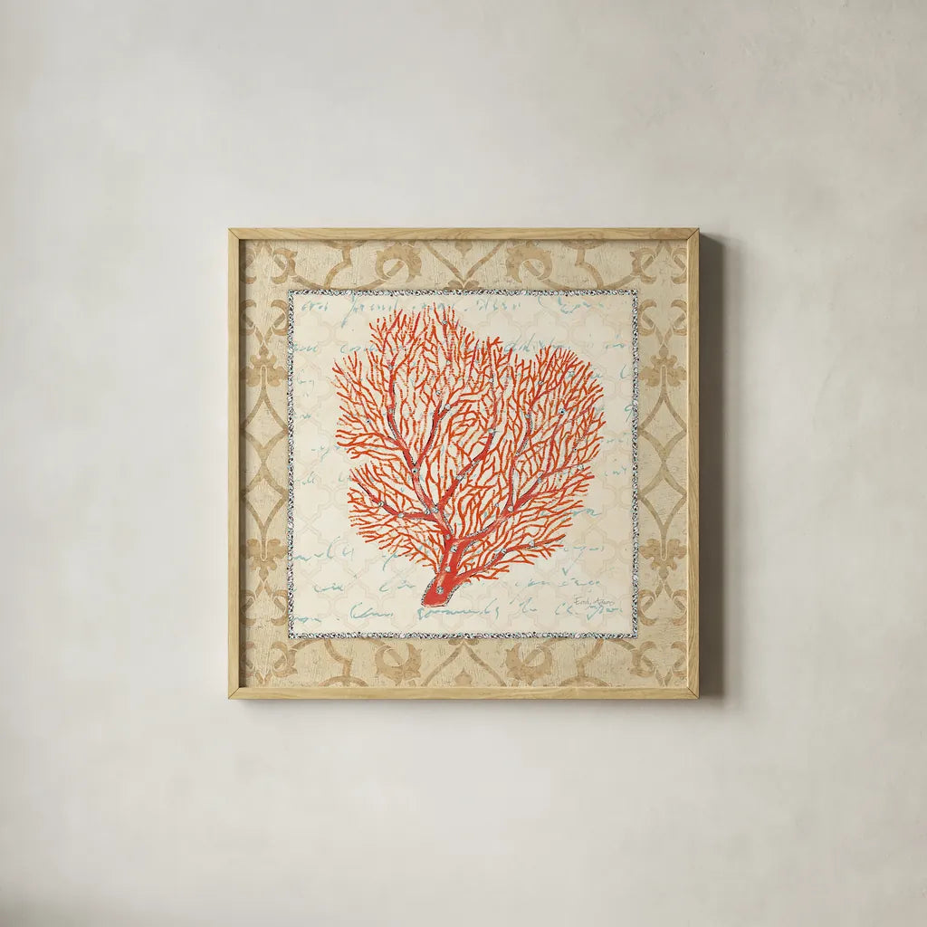 Coral Beauty Light III by Emily Adams. Shown in a natural wood glass frame for a timeless modern aesthetic. Available as an archival giclee rolled canvas, fine art paper, or poster print. SKU 13490a.