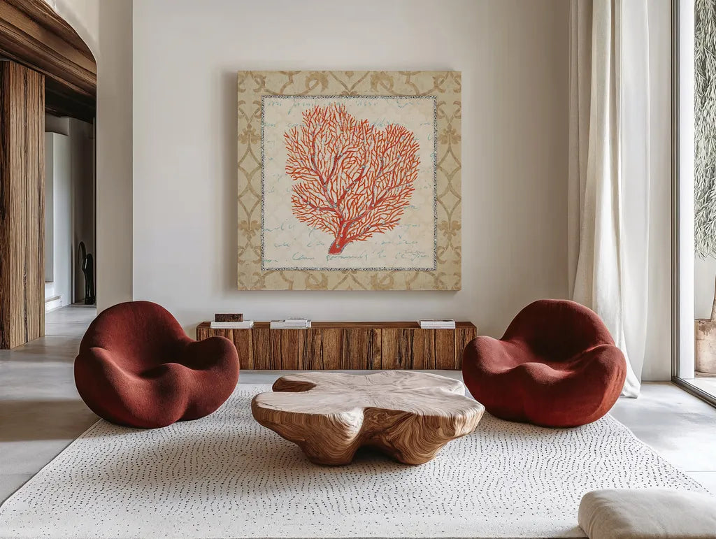 Coral Beauty Light III by Emily Adams. Shown as extra-large giant wall art in a modern living room. Available as an archival giclee rolled canvas, fine art paper, or poster print. SKU 13490a.
