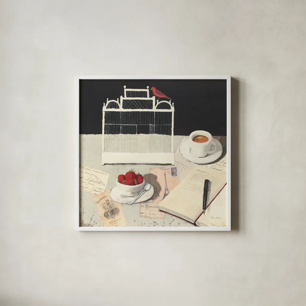 Correspondence Square by Emily Adams. Shown in a crisp white glass frame for a clean and minimalist style. Available as an archival giclee rolled canvas, fine art paper, or poster print. SKU 34645a.