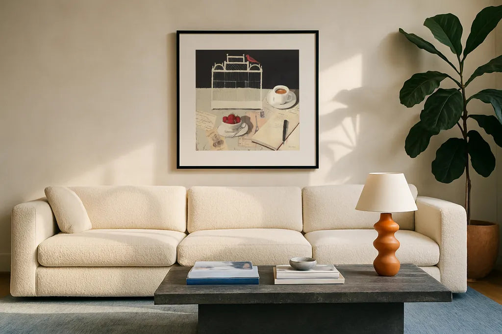 Correspondence Square by Emily Adams. Displayed in a glass frame with matte in a clean modern living room. Available as an archival giclee rolled canvas, fine art paper, or poster print. SKU 34645a.