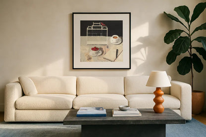 Correspondence Square by Emily Adams. Displayed in a glass frame with matte in a clean modern living room. Available as an archival giclee rolled canvas, fine art paper, or poster print. SKU 34645a.