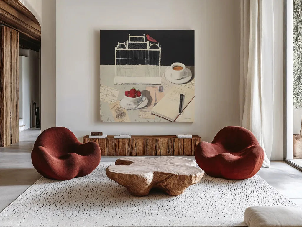 Correspondence Square by Emily Adams. Shown as extra-large giant wall art in a modern living room. Available as an archival giclee rolled canvas, fine art paper, or poster print. SKU 34645a.