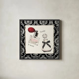 Cosmetique I by Emily Adams. Shown in a sleek black glass frame for a contemporary gallery look. Available as an archival giclee rolled canvas, fine art paper, or poster print. SKU 11262a.
