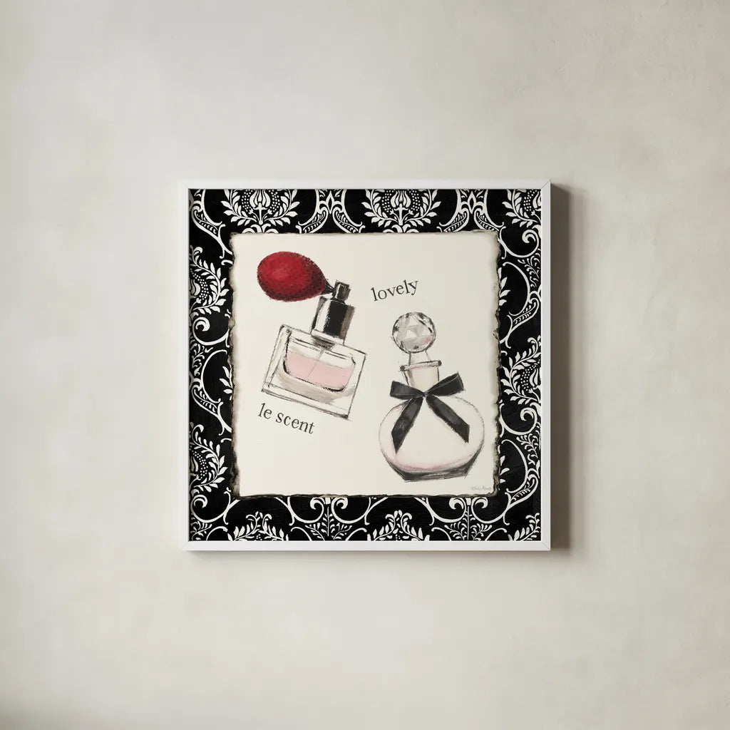 Cosmetique I by Emily Adams. Shown in a crisp white glass frame for a clean and minimalist style. Available as an archival giclee rolled canvas, fine art paper, or poster print. SKU 11262a.