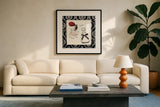 Cosmetique I by Emily Adams. Displayed in a glass frame with matte in a clean modern living room. Available as an archival giclee rolled canvas, fine art paper, or poster print. SKU 11262a.