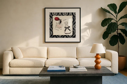 Cosmetique I by Emily Adams. Displayed in a glass frame with matte in a clean modern living room. Available as an archival giclee rolled canvas, fine art paper, or poster print. SKU 11262a.