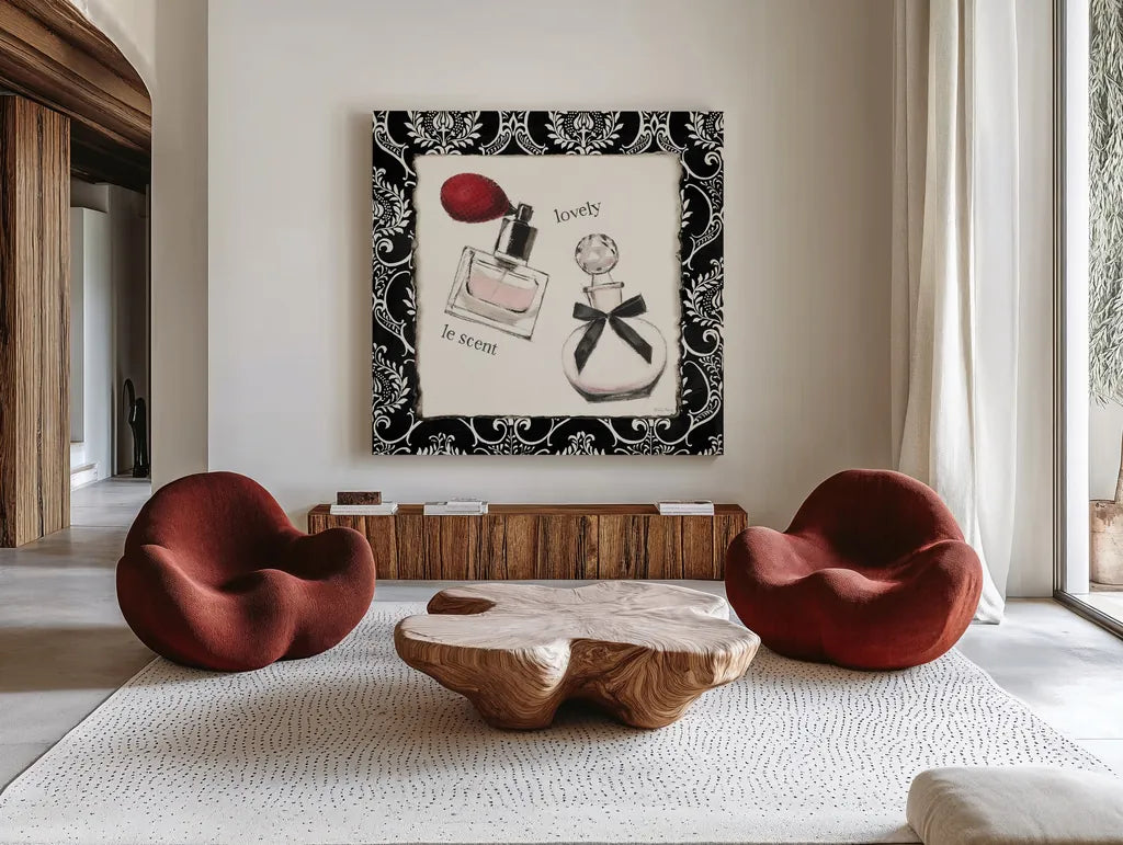 Cosmetique I by Emily Adams. Shown as extra-large giant wall art in a modern living room. Available as an archival giclee rolled canvas, fine art paper, or poster print. SKU 11262a.