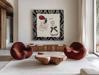 Cosmetique I by Emily Adams. Shown as extra-large giant wall art in a modern living room. Available as an archival giclee rolled canvas, fine art paper, or poster print. SKU 11262a.