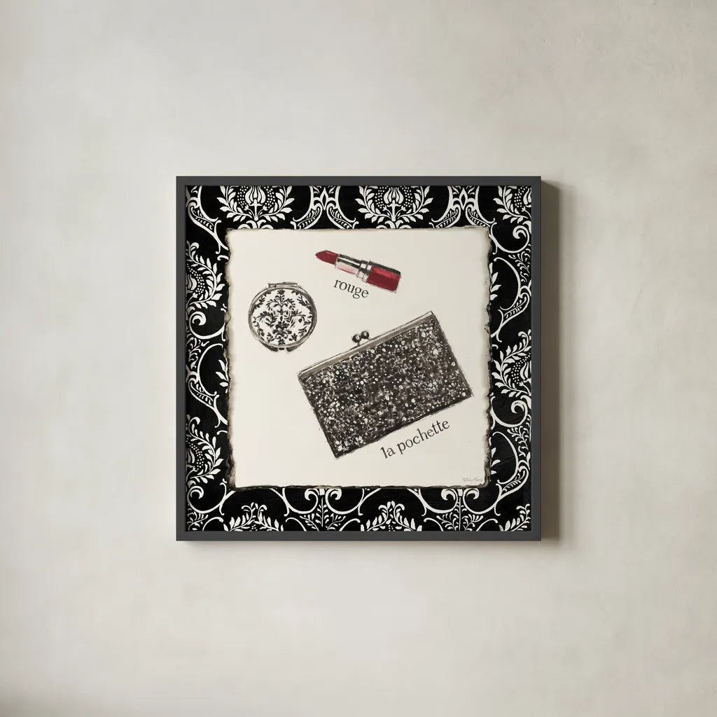 Cosmetique II by Emily Adams. Shown in a sleek black glass frame for a contemporary gallery look. Available as an archival giclee rolled canvas, fine art paper, or poster print. SKU 11263a.