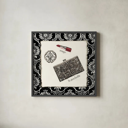 Cosmetique II by Emily Adams. Shown in a sleek black glass frame for a contemporary gallery look. Available as an archival giclee rolled canvas, fine art paper, or poster print. SKU 11263a.