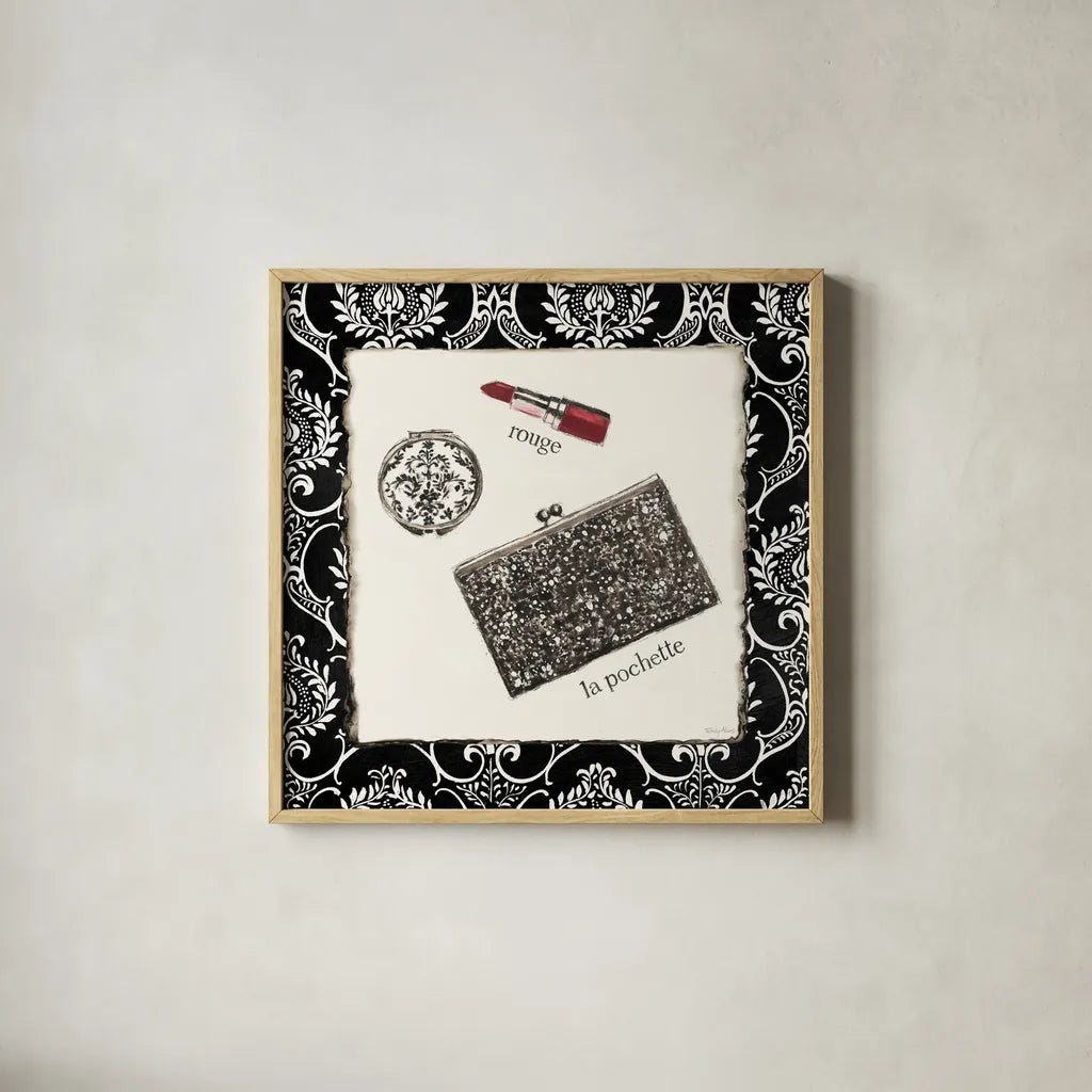 Cosmetique II by Emily Adams. Shown in a natural wood glass frame for a timeless modern aesthetic. Available as an archival giclee rolled canvas, fine art paper, or poster print. SKU 11263a.