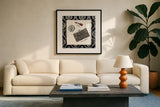Cosmetique II by Emily Adams. Displayed in a glass frame with matte in a clean modern living room. Available as an archival giclee rolled canvas, fine art paper, or poster print. SKU 11263a.
