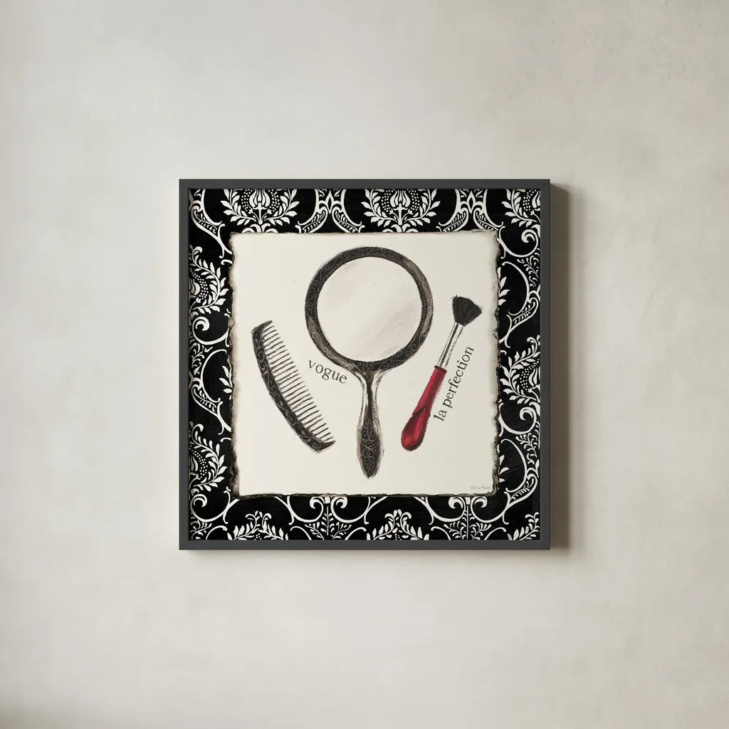 Cosmetique IV by Emily Adams. Shown in a sleek black glass frame for a contemporary gallery look. Available as an archival giclee rolled canvas, fine art paper, or poster print. SKU 11265a.