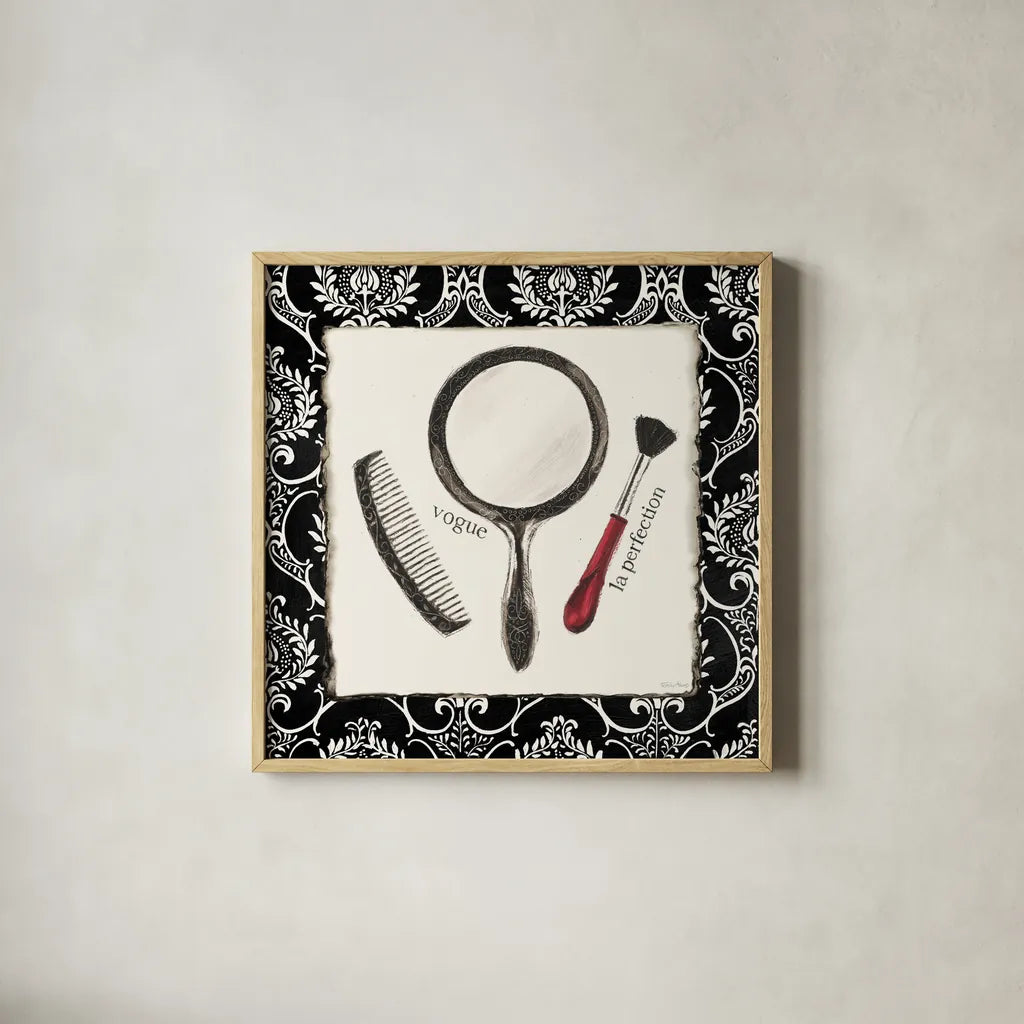 Cosmetique IV by Emily Adams. Shown in a natural wood glass frame for a timeless modern aesthetic. Available as an archival giclee rolled canvas, fine art paper, or poster print. SKU 11265a.