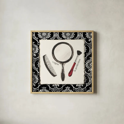 Cosmetique IV by Emily Adams. Shown in a natural wood glass frame for a timeless modern aesthetic. Available as an archival giclee rolled canvas, fine art paper, or poster print. SKU 11265a.