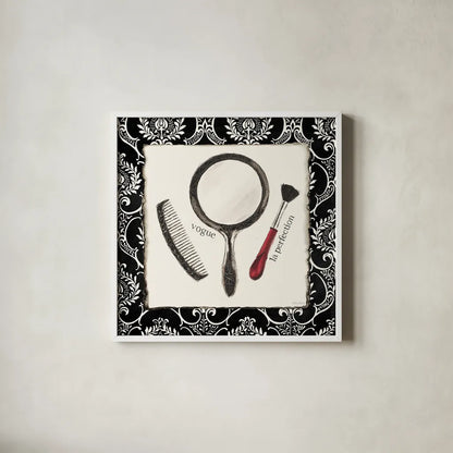 Cosmetique IV by Emily Adams. Shown in a crisp white glass frame for a clean and minimalist style. Available as an archival giclee rolled canvas, fine art paper, or poster print. SKU 11265a.