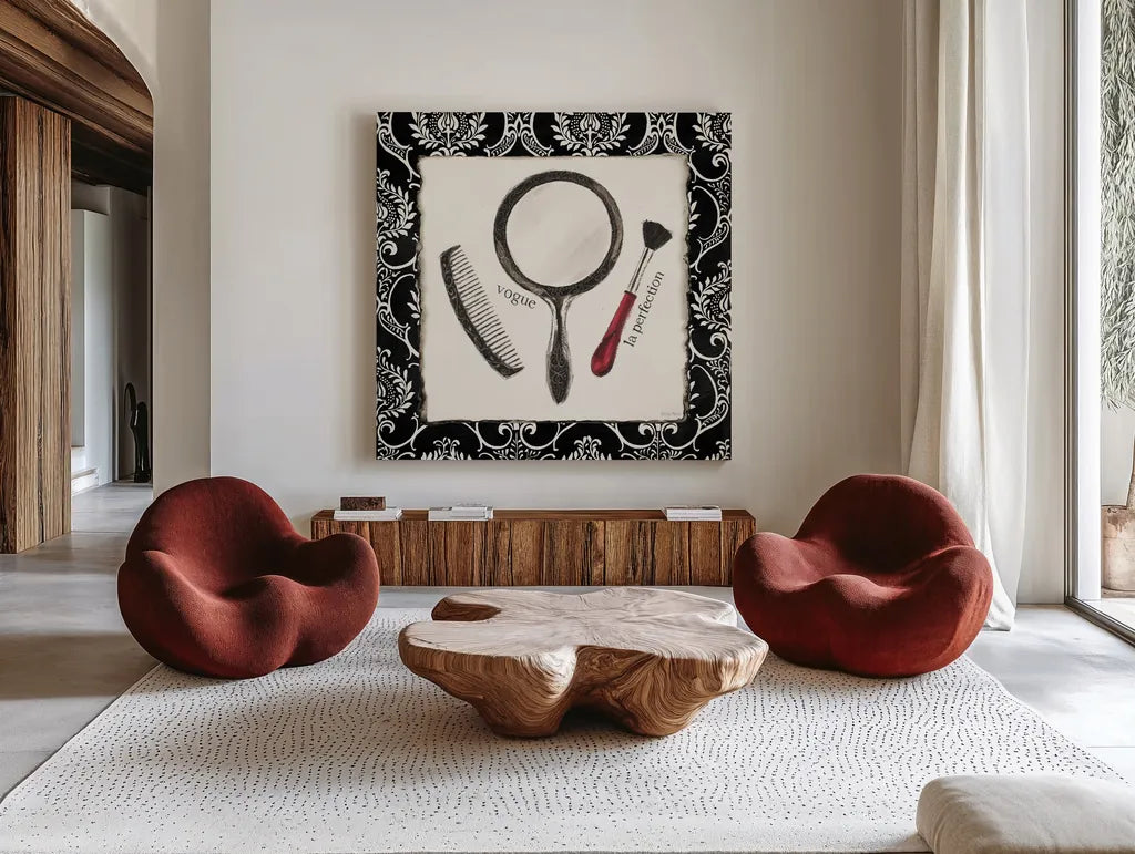 Cosmetique IV by Emily Adams. Shown as extra-large giant wall art in a modern living room. Available as an archival giclee rolled canvas, fine art paper, or poster print. SKU 11265a.
