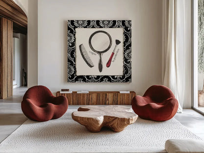 Cosmetique IV by Emily Adams. Shown as extra-large giant wall art in a modern living room. Available as an archival giclee rolled canvas, fine art paper, or poster print. SKU 11265a.