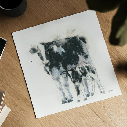Cow and Calf by Emily Adams. Shown as a detailed flat fine art print, highlighting archival giclee quality. Available as an archival giclee rolled canvas, fine art paper, or poster print. SKU 23731a.