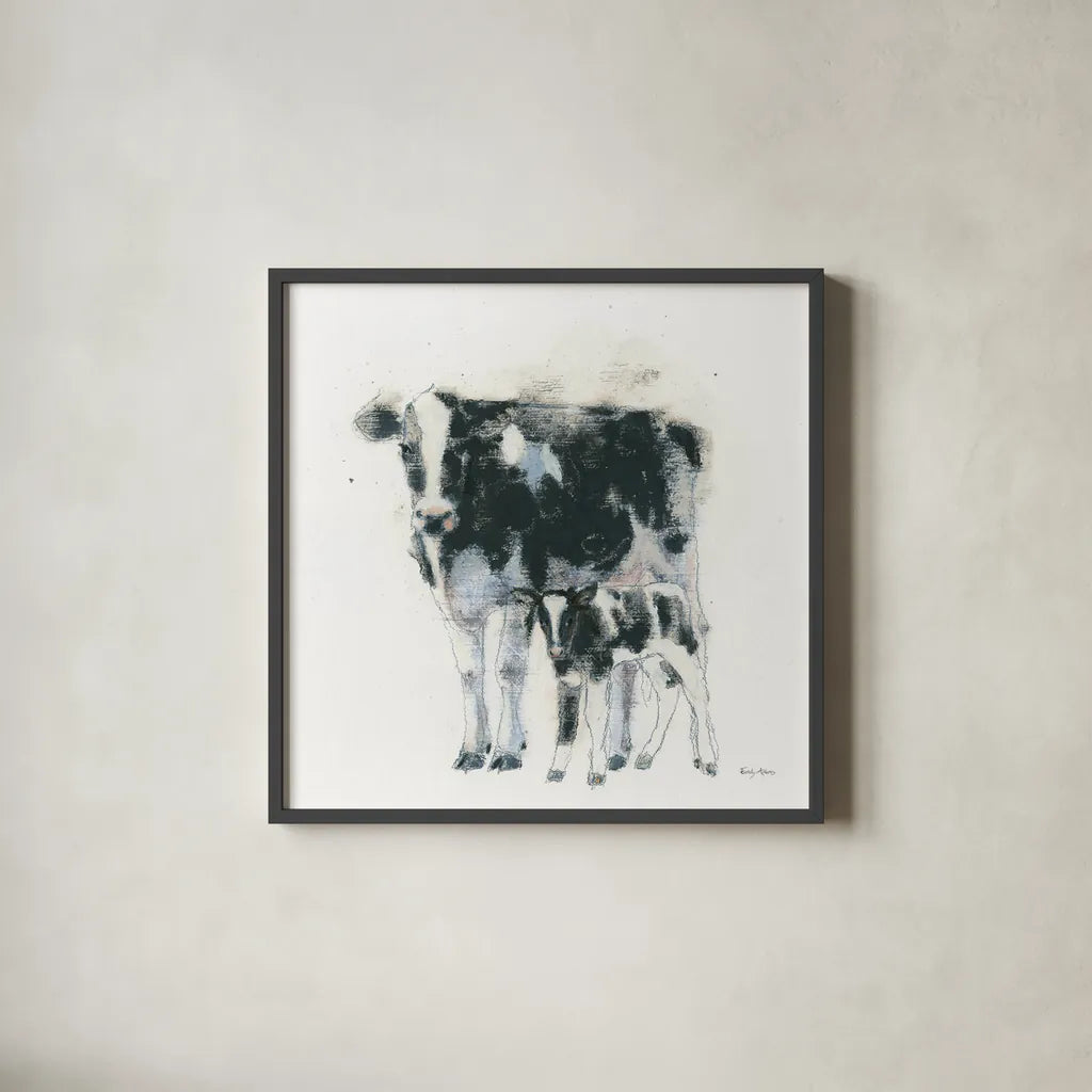 Cow and Calf by Emily Adams. Shown in a sleek black glass frame for a contemporary gallery look. Available as an archival giclee rolled canvas, fine art paper, or poster print. SKU 23731a.