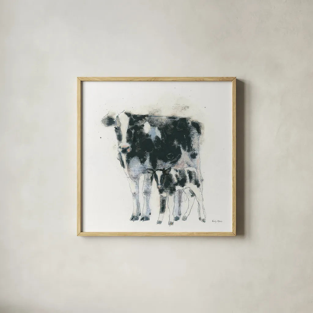 Cow and Calf by Emily Adams. Shown in a natural wood glass frame for a timeless modern aesthetic. Available as an archival giclee rolled canvas, fine art paper, or poster print. SKU 23731a.