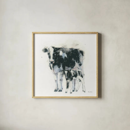 Cow and Calf by Emily Adams. Shown in a natural wood glass frame for a timeless modern aesthetic. Available as an archival giclee rolled canvas, fine art paper, or poster print. SKU 23731a.