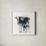 Cow and Calf by Emily Adams. Shown in a crisp white glass frame for a clean and minimalist style. Available as an archival giclee rolled canvas, fine art paper, or poster print. SKU 23731a.