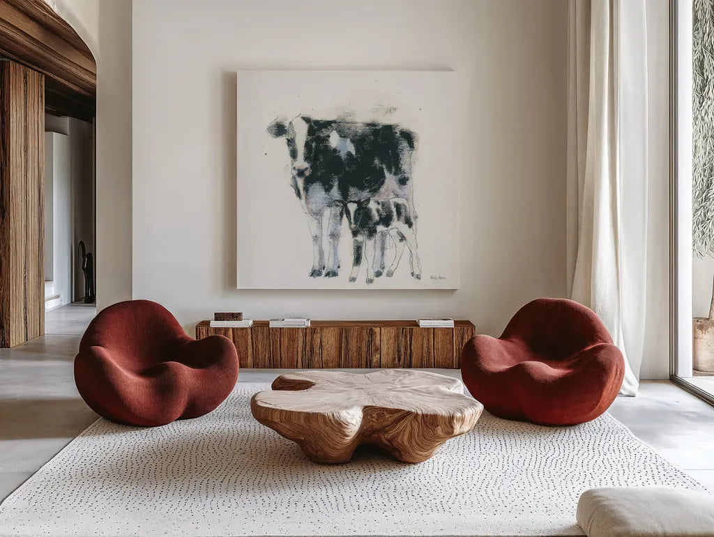 Cow and Calf by Emily Adams. Shown as extra-large giant wall art in a modern living room. Available as an archival giclee rolled canvas, fine art paper, or poster print. SKU 23731a.