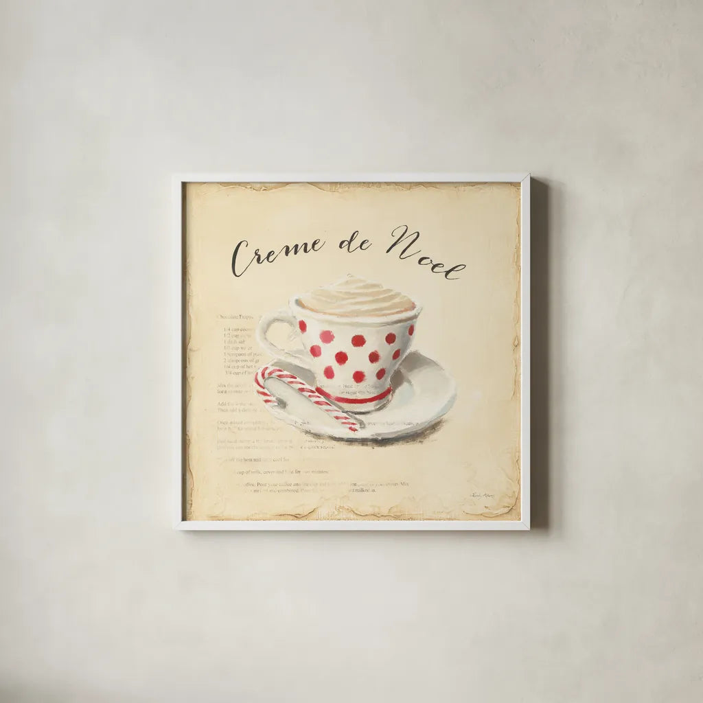 Creme de Noel by Emily Adams. Shown in a crisp white glass frame for a clean and minimalist style. Available as an archival giclee rolled canvas, fine art paper, or poster print. SKU 19060a.