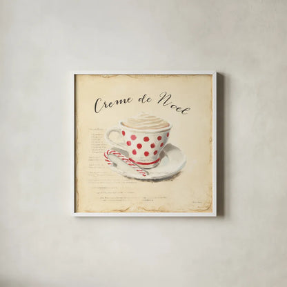 Creme de Noel by Emily Adams. Shown in a crisp white glass frame for a clean and minimalist style. Available as an archival giclee rolled canvas, fine art paper, or poster print. SKU 19060a.