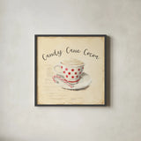 Creme de Noel Candy Cane by Emily Adams. Shown in a sleek black glass frame for a contemporary gallery look. Available as an archival giclee rolled canvas, fine art paper, or poster print. SKU 37379a.