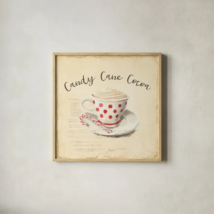 Creme de Noel Candy Cane by Emily Adams. Shown in a natural wood glass frame for a timeless modern aesthetic. Available as an archival giclee rolled canvas, fine art paper, or poster print. SKU 37379a.