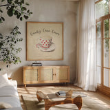 Creme de Noel Candy Cane by Emily Adams. Shown in a natural wood frame in a cozy modern living room. Available as an archival giclee rolled canvas, fine art paper, or poster print. SKU 37379a.