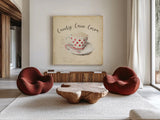 Creme de Noel Candy Cane by Emily Adams. Shown as extra-large giant wall art in a modern living room. Available as an archival giclee rolled canvas, fine art paper, or poster print. SKU 37379a.