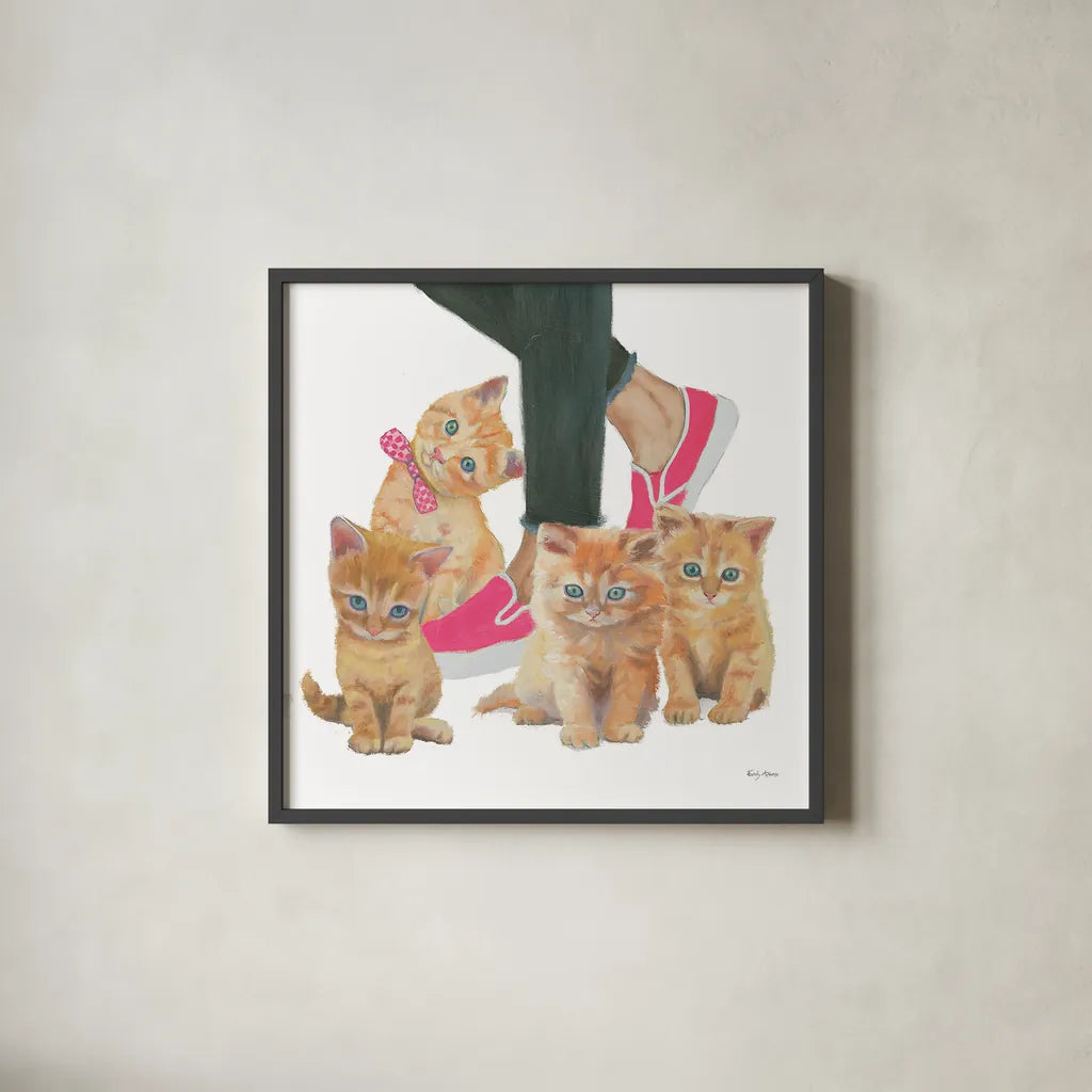 Cutie Kitties I by Emily Adams. Shown in a sleek black glass frame for a contemporary gallery look. Available as an archival giclee rolled canvas, fine art paper, or poster print. SKU 44463a.