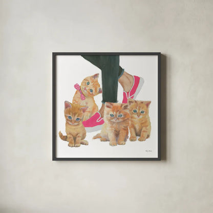 Cutie Kitties I by Emily Adams. Shown in a sleek black glass frame for a contemporary gallery look. Available as an archival giclee rolled canvas, fine art paper, or poster print. SKU 44463a.