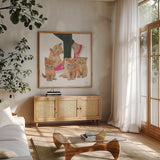 Cutie Kitties I by Emily Adams. Shown in a natural wood frame in a cozy modern living room. Available as an archival giclee rolled canvas, fine art paper, or poster print. SKU 44463a.