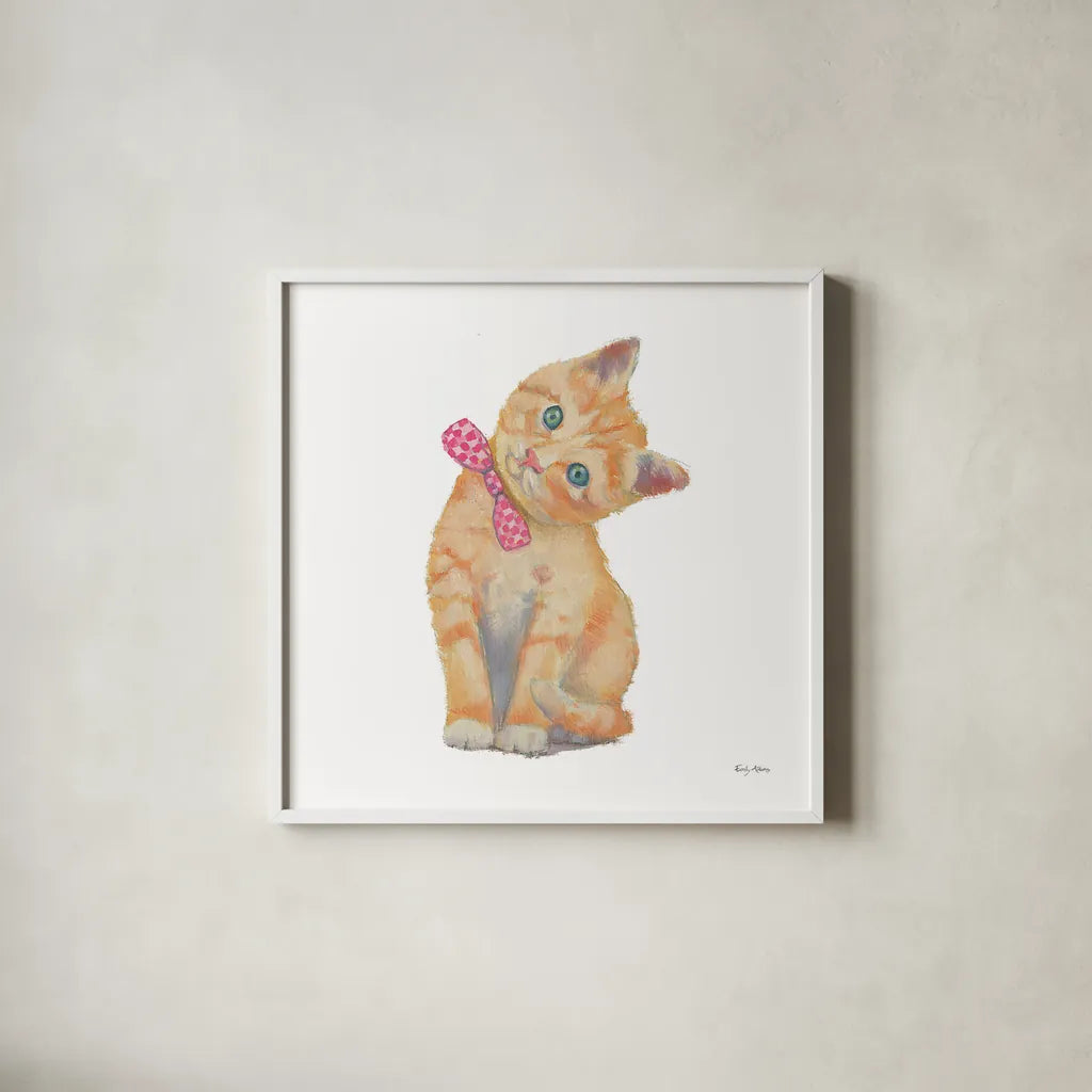 Cutie Kitties II by Emily Adams. Shown in a crisp white glass frame for a clean and minimalist style. Available as an archival giclee rolled canvas, fine art paper, or poster print. SKU 44464a.