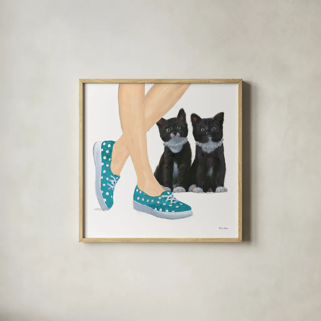 Cutie Kitties III by Emily Adams. Shown in a natural wood glass frame for a timeless modern aesthetic. Available as an archival giclee rolled canvas, fine art paper, or poster print. SKU 44465a.