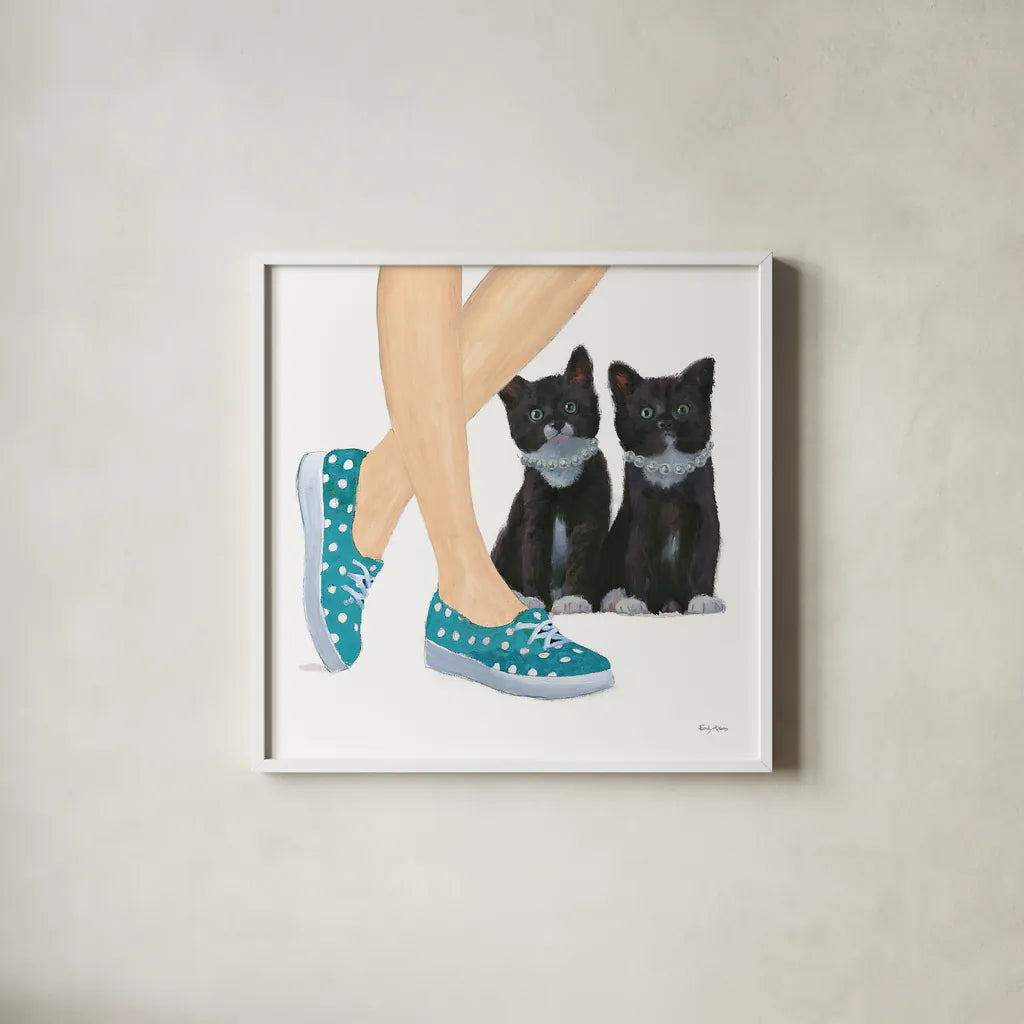 Cutie Kitties III by Emily Adams. Shown in a crisp white glass frame for a clean and minimalist style. Available as an archival giclee rolled canvas, fine art paper, or poster print. SKU 44465a.