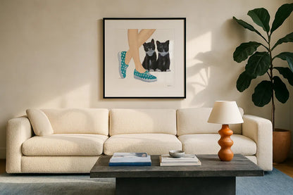 Cutie Kitties III by Emily Adams. Displayed in a glass frame with matte in a clean modern living room. Available as an archival giclee rolled canvas, fine art paper, or poster print. SKU 44465a.