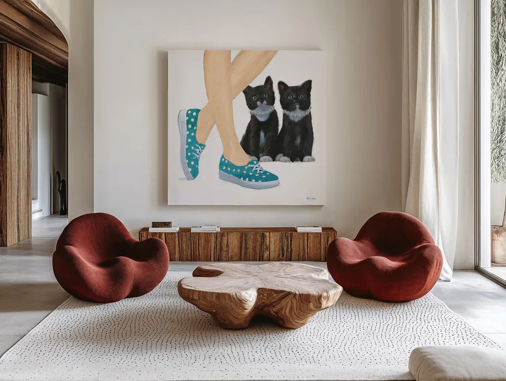 Cutie Kitties III by Emily Adams. Shown as extra-large giant wall art in a modern living room. Available as an archival giclee rolled canvas, fine art paper, or poster print. SKU 44465a.